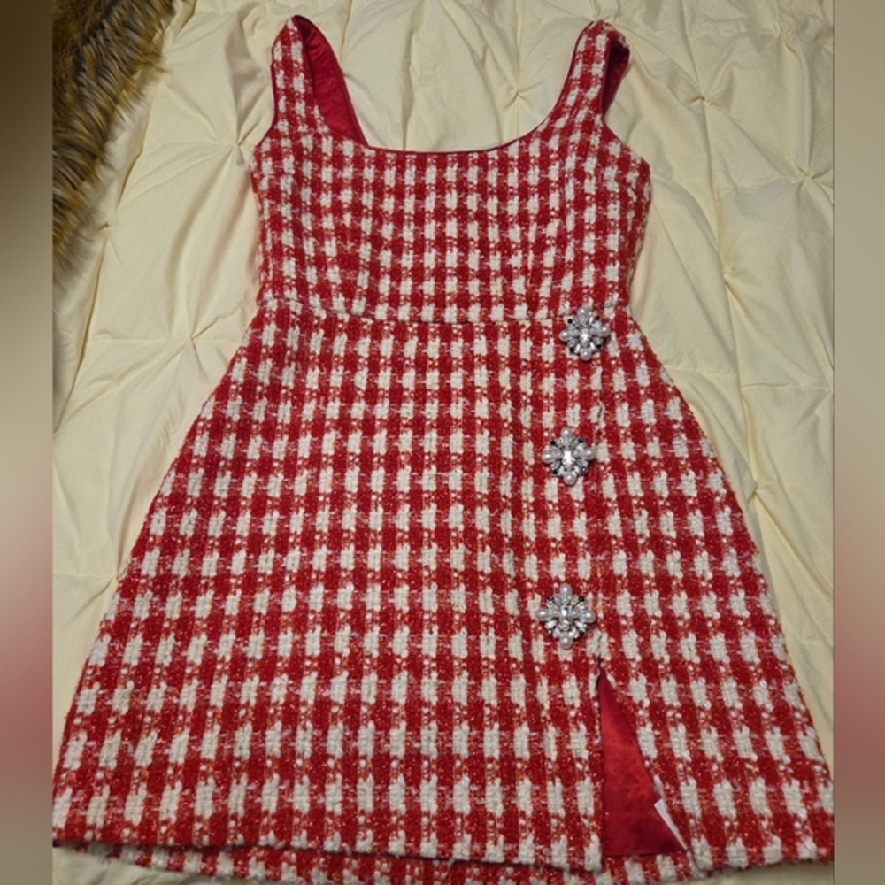 Self-Portrait,Sparkling Red And White Mini Houndstooth Dress.🥰 - Picture 4 of 14